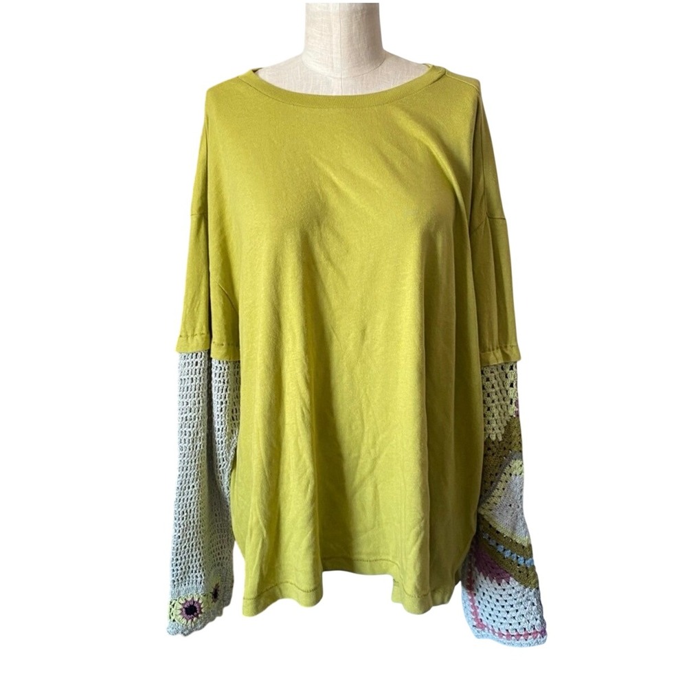 Urban Outfitters Top Womens Small Green Crochet Sleeve Mixed Media